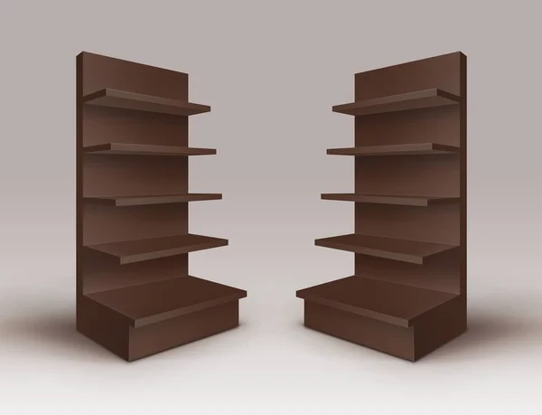 Conjunto vectorial de estantes vacíos en blanco marrón Exposición Tiendas con estantes Tiendas aisladas sobre fondo — Archivo Imágenes Vectoriales