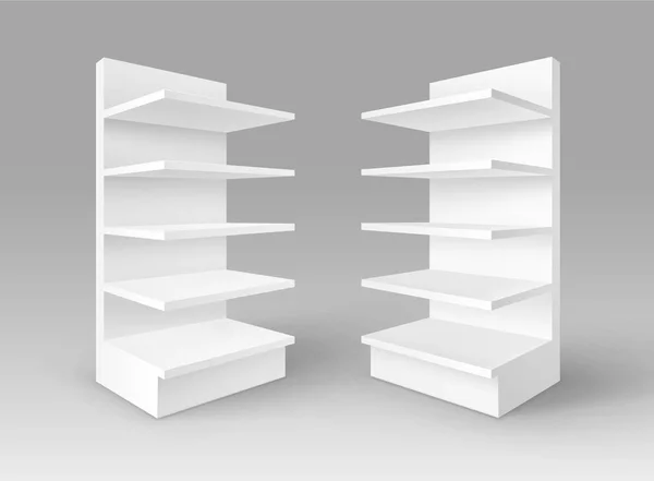 Conjunto vectorial de estantes vacíos blancos de la tienda de los stands de la exposición con los estantes Storefronts aislados en el fondo — Vector de stock