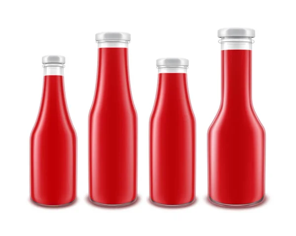 Ensemble vectoriel de Ketchup de tomate rouge en verre blanc Bouteille de différentes formes pour l'image de marque sans étiquette Isolé sur fond blanc — Image vectorielle