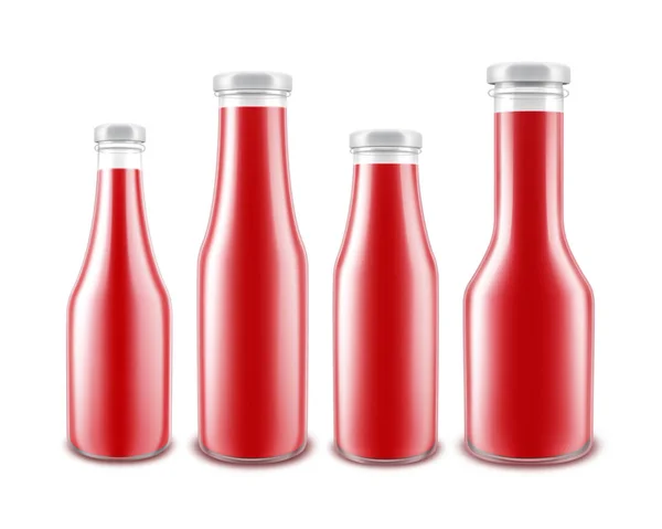 Ensemble vectoriel de verre blanc brillant tomate rouge Ketchup bouteille de différentes formes pour l'image de marque sans étiquette isolé sur fond blanc — Image vectorielle