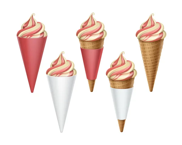 Conjunto vectorial de colorido cono de gofre de helado de servicio suave en rosado envoltura de cartón blanco primer plano aislado sobre fondo blanco — Vector de stock