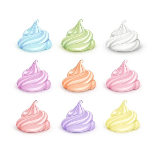 Set von farbigen weißen hellblau rosa gelb orange braun grün lila Schlagsahne für Dessert Cupcakes weiches Eis serviert — Stockvektor