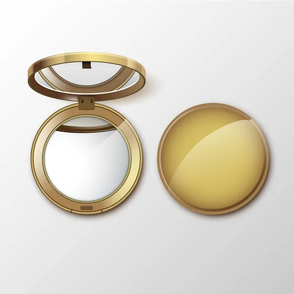 Wektor złoty rundy kieszeni kosmetycznych składają się małe lustro izolowane na białym tle — Wektor stockowy