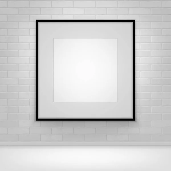 Empty Blank White Mock Up Poster Picture Black Frame on Brick all with Floor Front View — Stock Vector