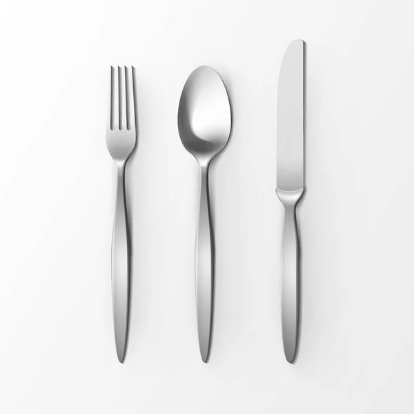 Ensemble de couverts de cuillère fourchette en argent et couteau vue du dessus isolé sur fond blanc. Réglage de la table — Image vectorielle