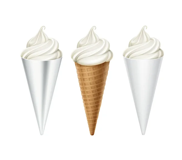 Conjunto vetorial de White Classic Soft Serve Ice Cream Waffle Cone em White Carton Foil Wrapper Close-up Isolado no fundo branco —  Vetores de Stock