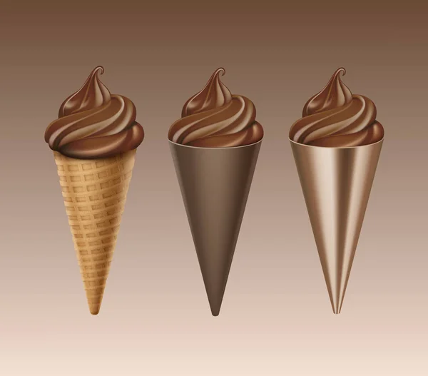 Set van chocolade zachte dienen Ice Cream wafel Cone geïsoleerd — Stockvector