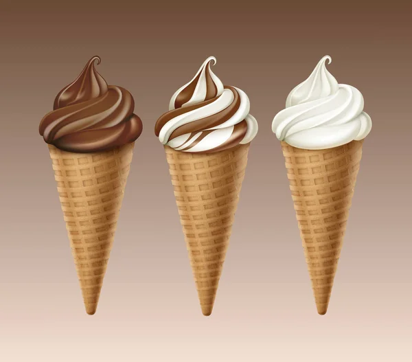 Set van chocolade Wit Soft dienen wafel ijsje — Stockvector