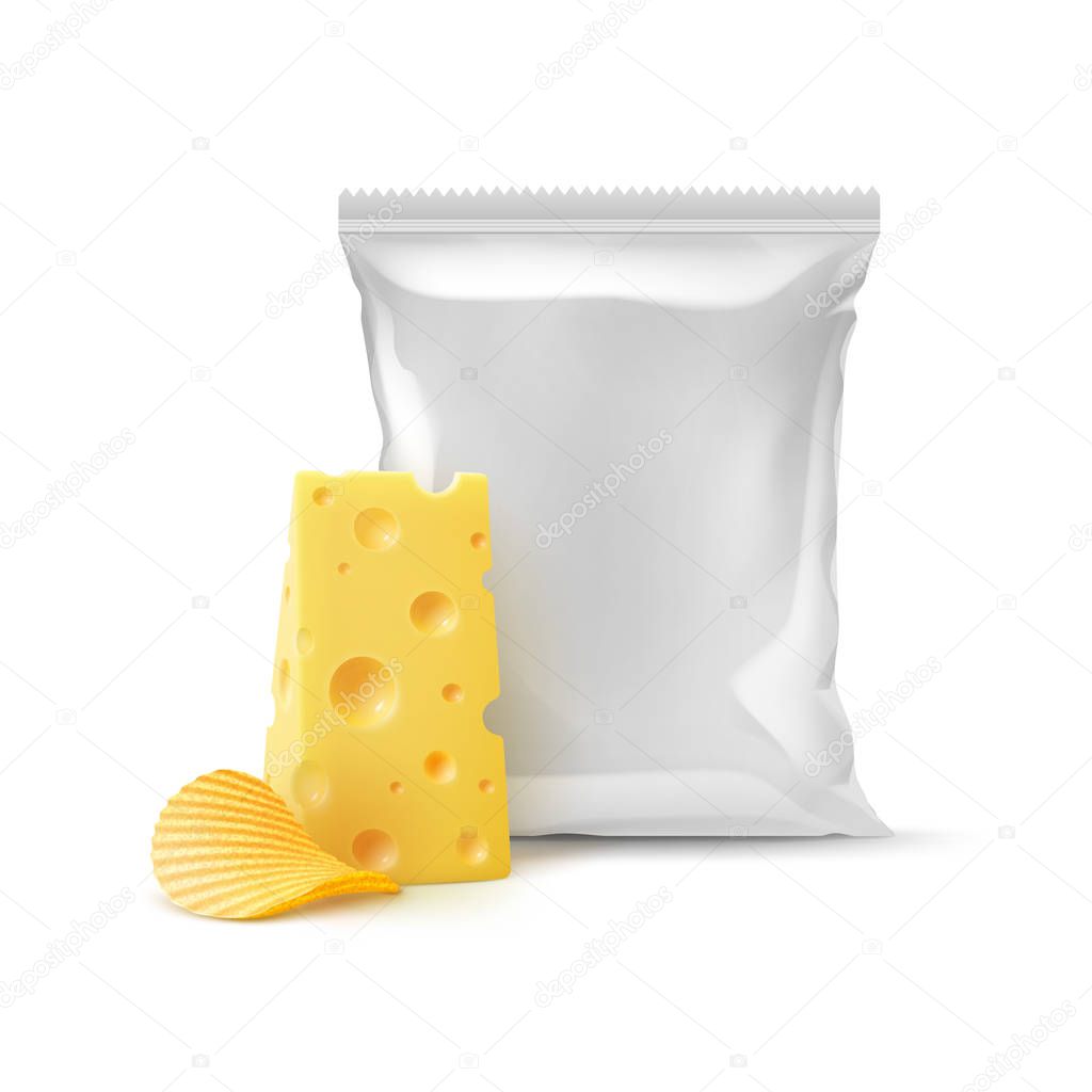 Vector Potato Ripple Crispy Chips with Cheese and Vertical Sealed Empty Plastic Foil Bag for Package Design Close up Isolated on White Background