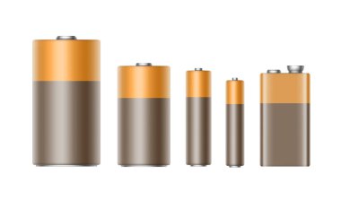 Vektör ayarla, kahverengi altın parlak alkalin piller, Diffrent boyutu pili yakın beyaz arka plan üzerinde marka için