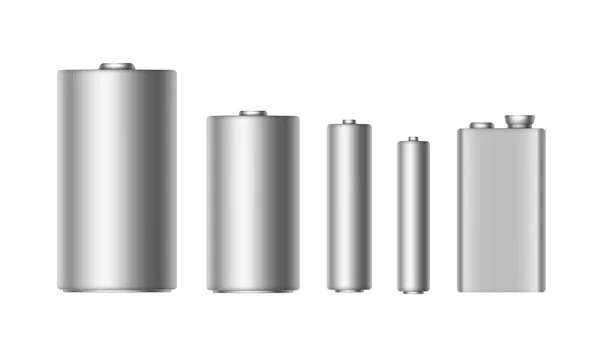 Conjunto vectorial de baterías alcalinas de plata gris de tamaño difrente AAA, AA, C, D, PP3 y 9 voltios de batería de cerca aislado — Archivo Imágenes Vectoriales