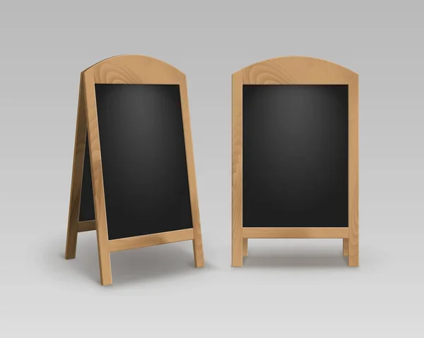 Ensemble vectoriel de panneaux de menu noirs vides en bois vides publicitaires rue Sandwich Stands panneaux latéraux isolés sur le fond — Image vectorielle