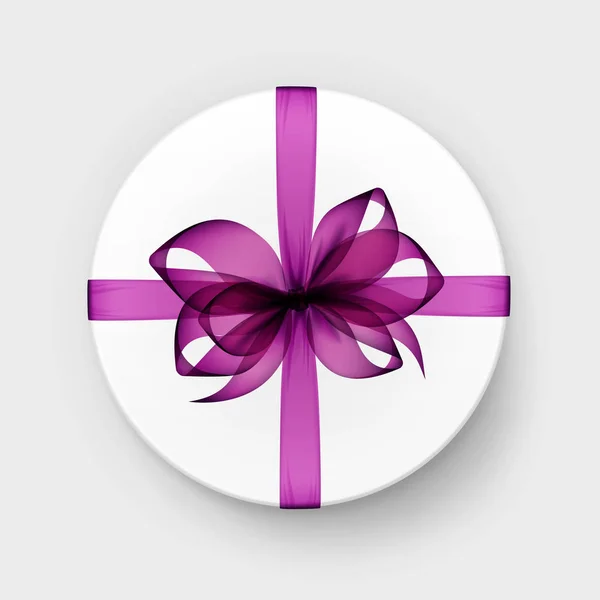 Vector witte ronde geschenkdoos met lint en transparant roze Magenta paarse boog bovenaanzicht geïsoleerd op achtergrond — Stockvector