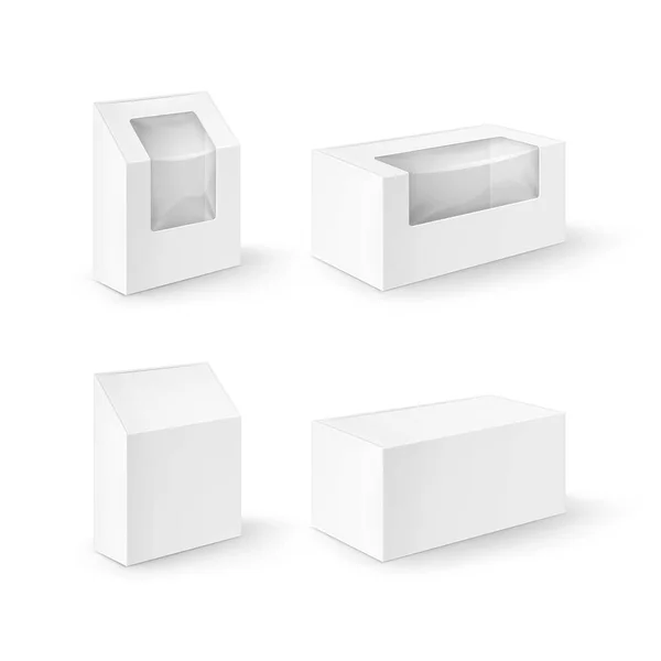 Ensemble vectoriel de boîtes rectangle en carton blanc à emporter Emballage pour sandwich, nourriture, cadeau, autres produits avec fenêtre en plastique Maquette Fermer Isolé sur fond blanc — Image vectorielle