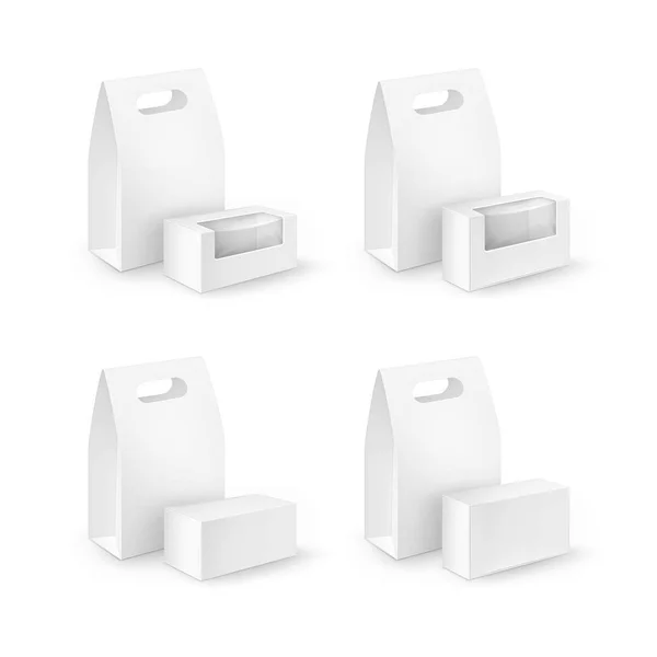 Ensemble vectoriel de boîtes à lunch à poignée rectangulaire en carton blanc Emballage pour sandwich, nourriture, cadeau, autres produits avec fenêtres en plastique Maquette Fermer Isolé sur fond blanc — Image vectorielle