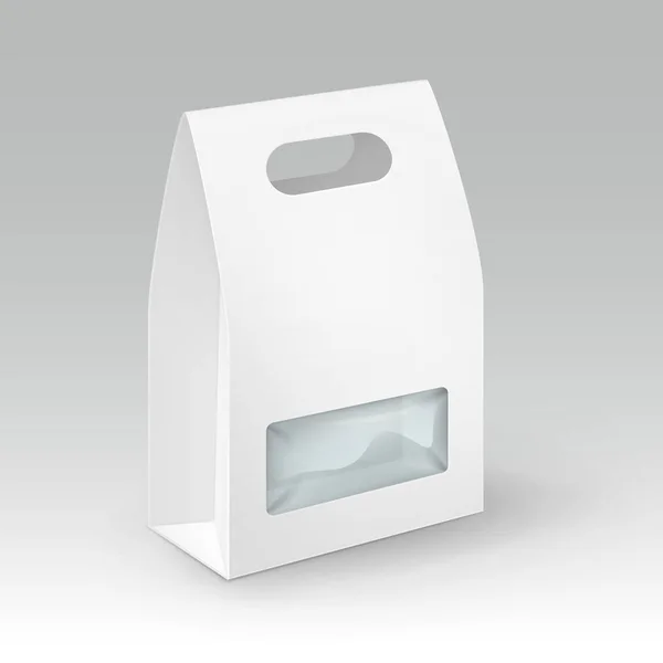 Vektor weiße leere Pappe Rechteck zum Wegnehmen Griff Lunchbox Verpackung für Sandwich, Lebensmittel, Geschenk, andere Produkte mit Kunststoff-Fenster-Attrappe Nahaufnahme isoliert auf weißem Hintergrund — Stockvektor