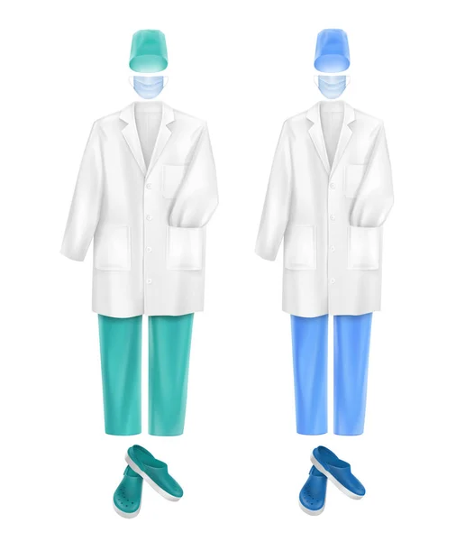 Ensemble vectoriel de vêtements uniformes médicaux robe pantalon accessoires visage boucle d'oreille masque bleu turquoise chapeau et chaussures isolés sur fond blanc — Image vectorielle