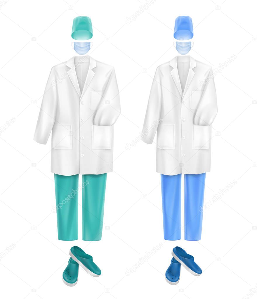 Vector Set of Medical Uniform Clothes Gown Coat Trousers Accessories Face Ear Loop Mask Blue Turquoise Hat Cap and Footwear Isolated on White Background