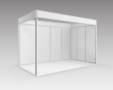 Vektör beyaz boş kapalı Ticaret Fuarı Booth standart Stand perspektif izole arka plan üzerinde sunum için