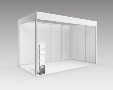 Vektör beyaz boş kapalı Ticaret Fuarı için kitapçık Brosürlük perspektif izole arka plan üzerinde içinde sunuyla Booth standart Stand