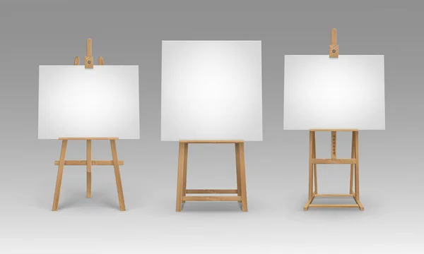 Vector Set of Brown Sienna Wooden Easels with Mock Up Empty Blank Canvases Isolated — Stock Vector