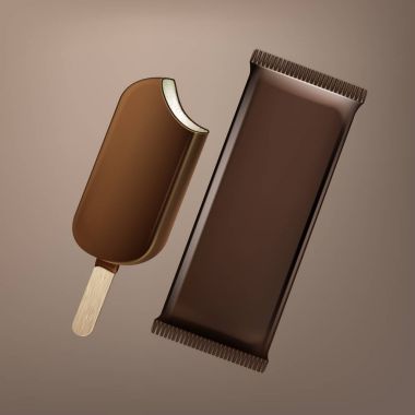 Vector Classic Bitten Popsicle Choc-ice Lollipop Ice Cream in Chocolate Glaze on Stick with Brown Plastic Foil Wrapper for Branding Package Design Close up Isolated on Background clipart