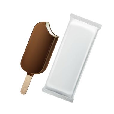 Vector Classic Popsicle Choc-ice Lollipop Ice Cream in Chocolate Glaze on Stick with White Plastic Foil Wrapper for Branding Package Design Close up Isolated on White Background clipart