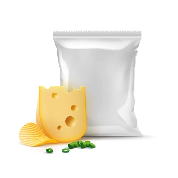 Τσιπς πατάτας με τυρί κρεμμύδι και σακούλα αλουμινίου σφραγισμένο — Διανυσματικό Αρχείο