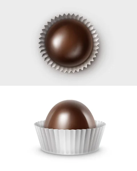 Ensemble vectoriel de bonbons au chocolat noir amer foncé réalistes en blanc brillant ondulé Papper Wrapper Vue de dessus Fermer Isolé sur fond blanc — Image vectorielle