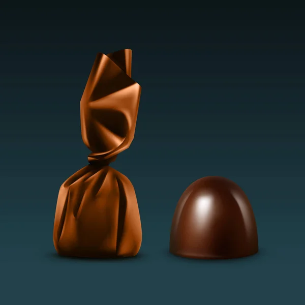 Vector ställa av realistiska mörk svart Bitter choklad godis i färgade brunt glansigt folie Wrapper närbild isolerade på mörk bakgrund — Stock vektor