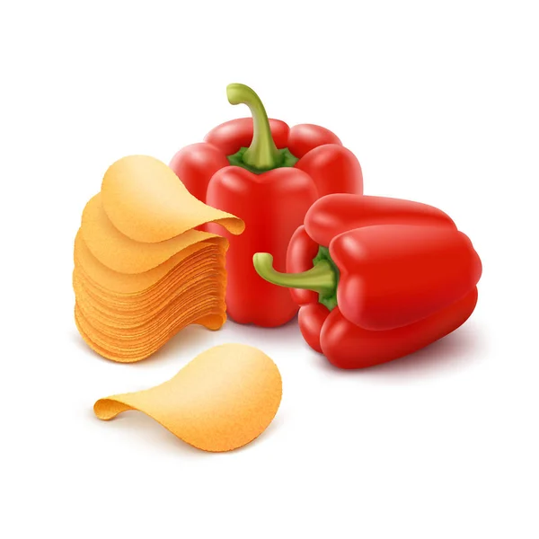 Vector aardappel krokant Chips Stack met Paprika close-up geïsoleerd op witte achtergrond — Stockvector