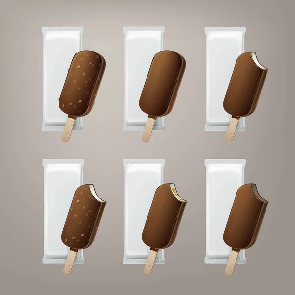 Conjunto de helado en esmalte en palo con nueces — Vector de stock