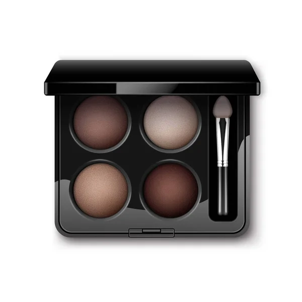 Multicoloreado Pastel Light Brown Cream Ocher Eye Shadows en caja de plástico negro con aplicador de cepillo de maquillaje en el fondo — Vector de stock