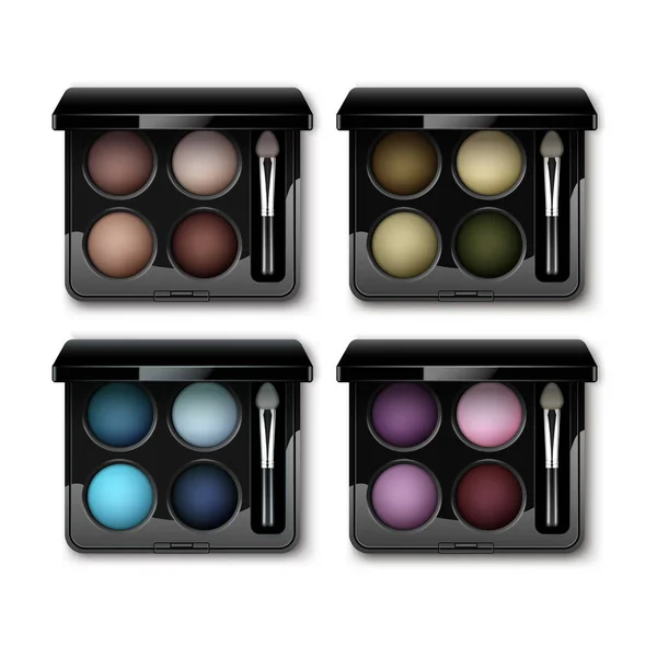 Ensemble vectoriel d'ombres à paupières rondes multicolores dans un boîtier en plastique rectangulaire noir avec applicateur de pinceau de maquillage — Image vectorielle