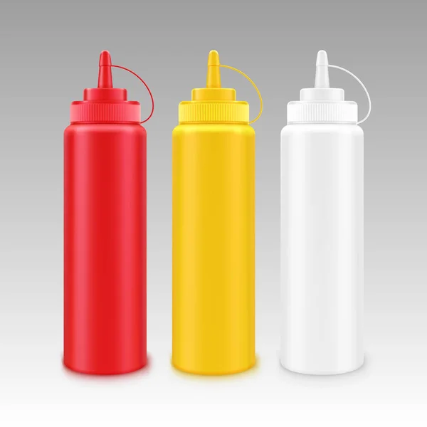 Σετ μπουκάλι άσπρο κόκκινο κίτρινο μουστάρδα κέτσαπ — Διανυσματικό Αρχείο