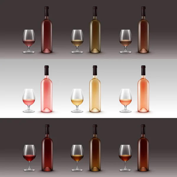 Zestaw butelek wina i okulary na tle — Wektor stockowy