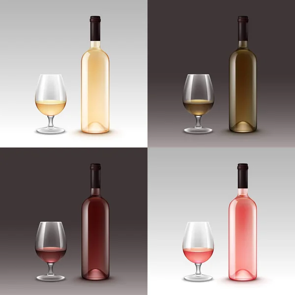 Conjunto de botellas de vino y copas en el fondo — Vector de stock