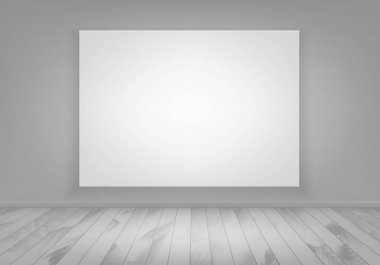 Vektör boş beyaz sahte Poster çerçeve ahşap zemin açık manzaralı duvar kadar