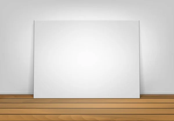 Wektor puste pusty biały plakat ramki na zdjęcia stojąc na brązowy Sienna podłogi drewniane z przodu widok ściany — Wektor stockowy