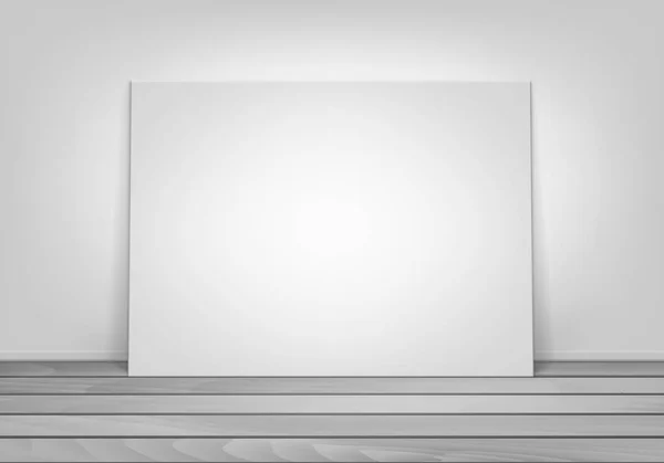 Cadre photo blanc vide d'affiche de maquette debout sur le plancher en bois avec la vue de face de mur — Image vectorielle