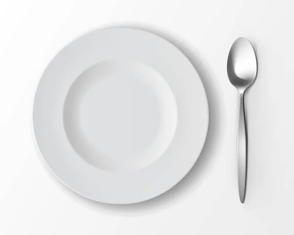Векторная белая пустая тарелка супа с видом сверху столовой ложки серебра на белом фоне. Настройка стола — стоковый вектор