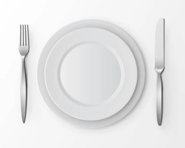 Vector set of White Flat Round Plates with Fork and Knife Top View Isolated on White Background. Table Setting — Stock Vector