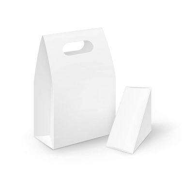 Ayarla, beyaz boş karton dikdörtgen üçgen almak uzakta başa öğle yemeği kutuları ambalaj için sandviç, gıda, Hediyelik, diğer ürünler alay Isolated beyaz zemin üzerine kadar yakından vektör