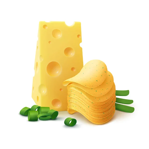 Vektor brambory křupavé žetonů se sýrem a cibulí zblízka izolované na bílém pozadí — Stockový vektor