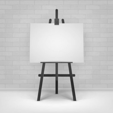 Vector Wooden Black Easel with Mock Up Empty Blank Horizontal Canvas Standing on Floor in front of Brick Wall clipart