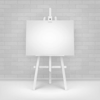 Vektör ahşap beyaz şövale alay boş boş yatay tuval ayakta kat tuğla duvar önünde ile
