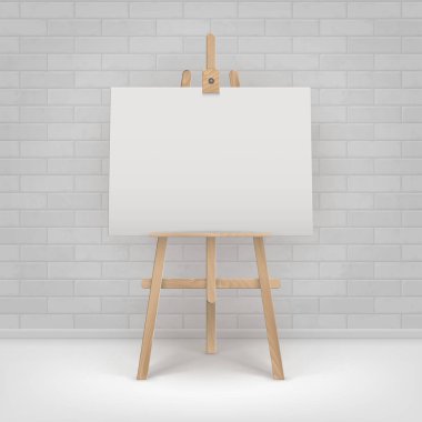 Vektör ahşap kahverengi Sienna şövale alay boş boş yatay tuval ayakta kat tuğla duvar önünde ile