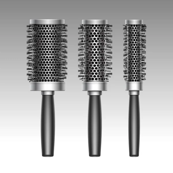 Conjunto de vectores de diferentes plásticos de metal negro rizado en caliente Radial Hair Brush Comb Side View aislado en el fondo — Archivo Imágenes Vectoriales