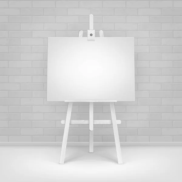 Vector Wooden White Easel with Mock Up Empty Blank Horizontal Canvas Standing on Floor in front of Brick Wall — Stock Vector