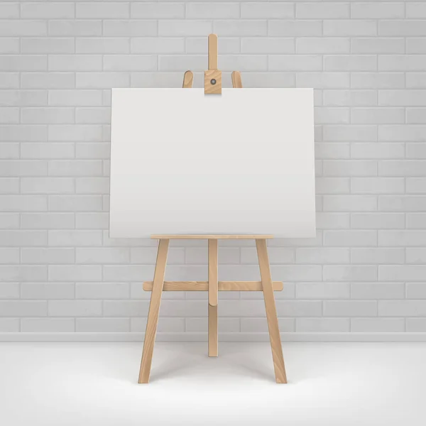 Vector Wooden Brown Sienna Easel with Mock Up Empty Blank Horizontal Canvas Standing on Floor in front of Brick Wall — Stock Vector